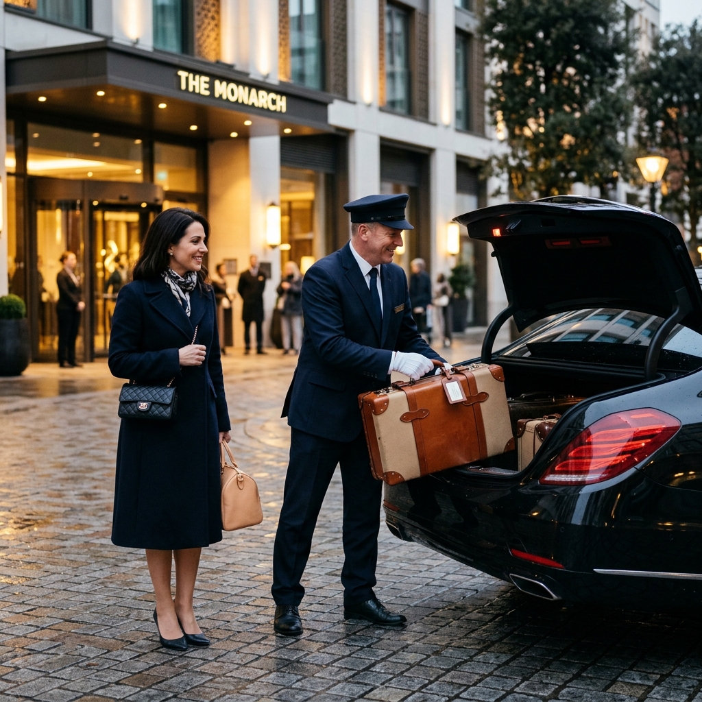 Chauffeur greeting a guest and handling luggage